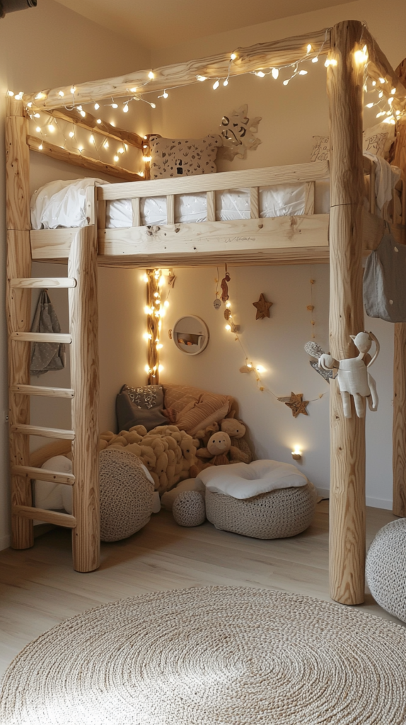 Hochbett aus Holz mit gemütlicher Spielhöhle darunter, Lichterkette und Sitzsack in kleinem Kinderzimmer
