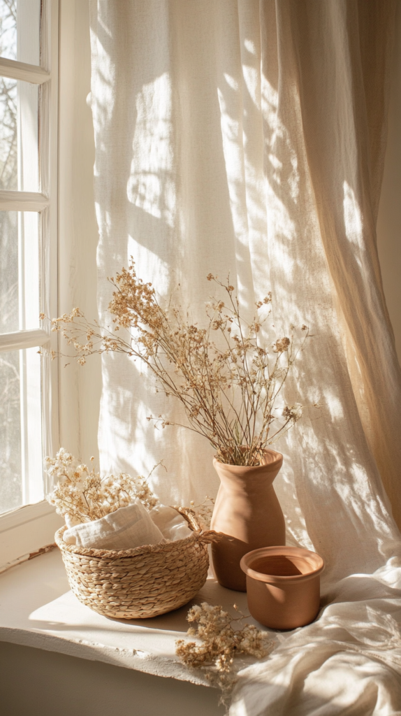 Frühlingshafte Fensterbank mit Bastkorb, Trockenblumen und Terrakotta-Töpfen dekoriert.