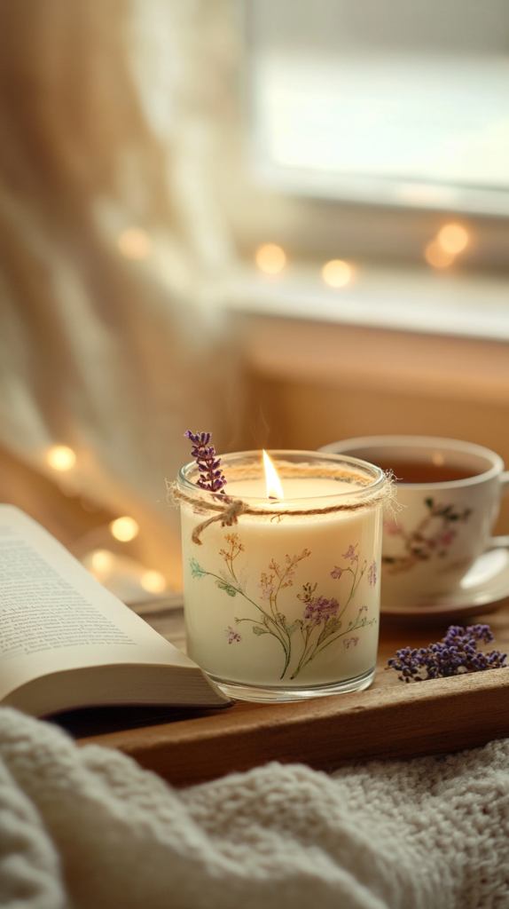 Upcycling-Kerze im Glas mit Lavendel-Deko – gemütlich und duftend.