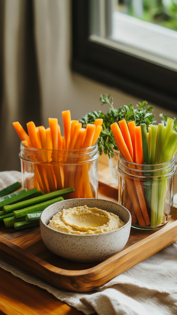 Bunte Gemüsesticks im Glas mit Hummus-Dip – knackig & sättigend.