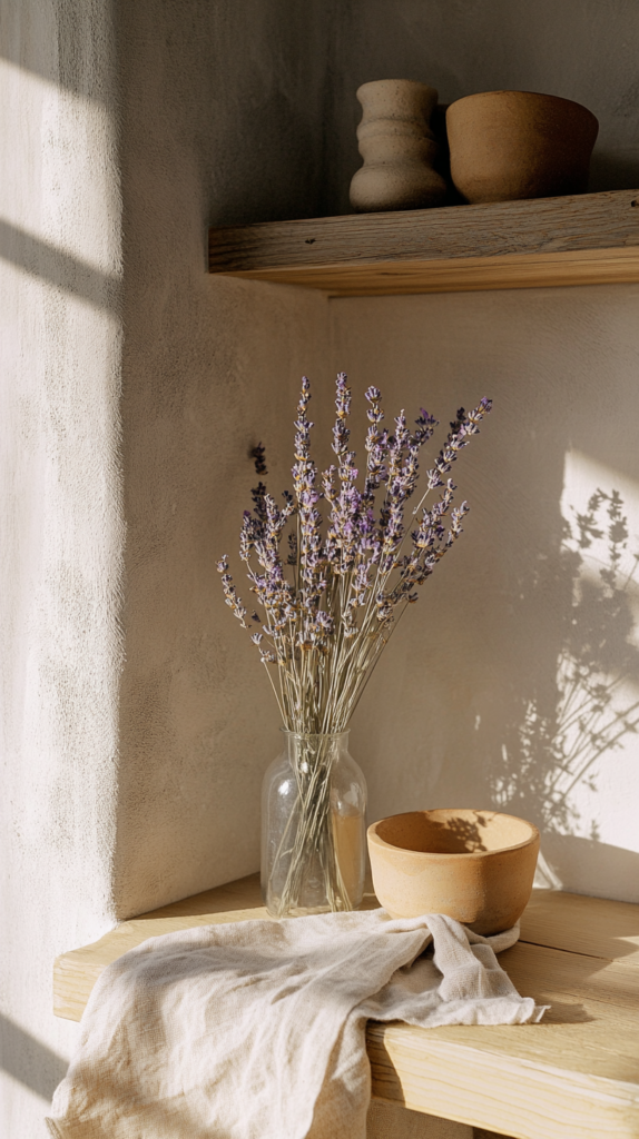 Kleine Dekoecke mit Lavendel im Glas, Ton-Schale und Leinentuch im natürlichen Stil.