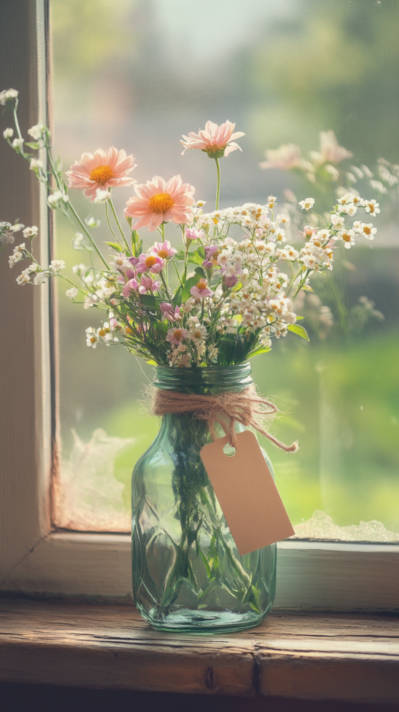 Altglas-Vase mit Juteschnur und Etikett – frühlingshaft und nachhaltig dekoriert.