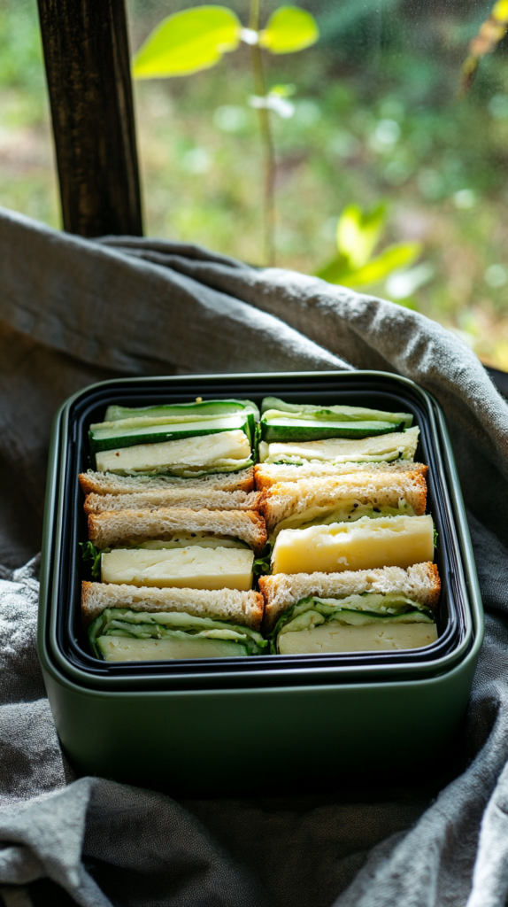 Vollkorn-Sandwichwürfel mit Frischkäse und Gurke in Lunchbox.