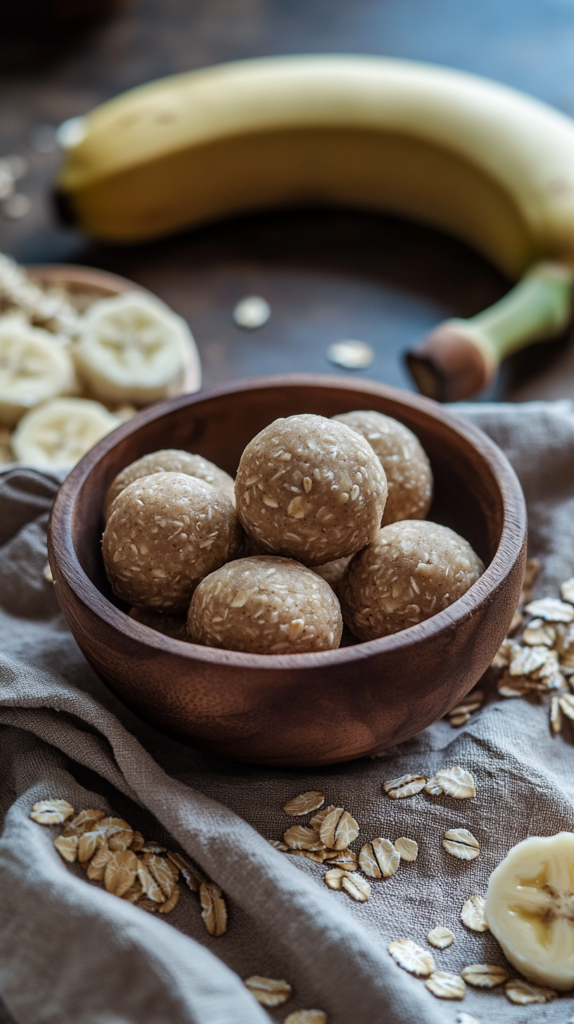 Kleine Bananen-Hafer-Bällchen in Holzschale – natürlich süß & perfekt für Kinder.