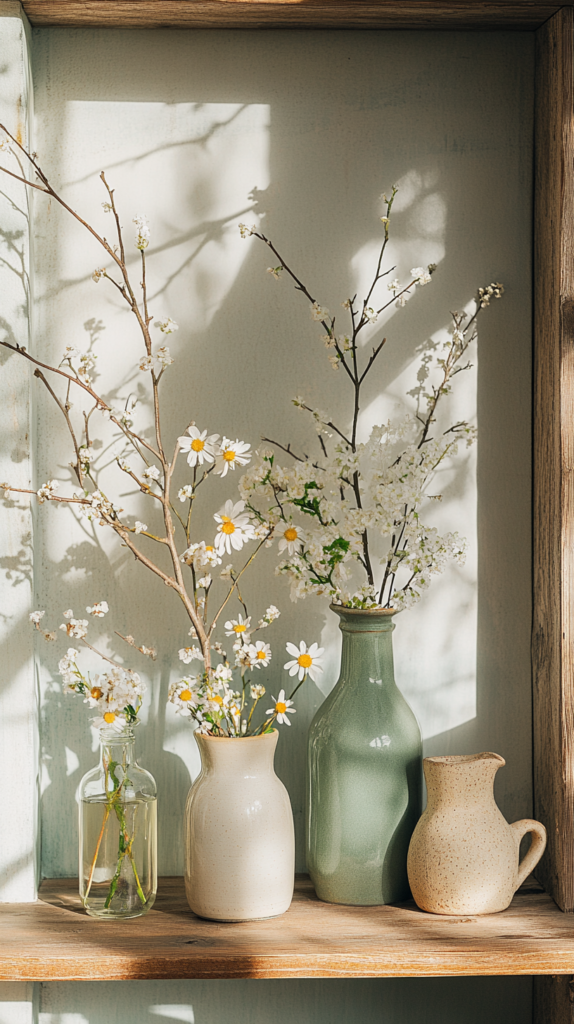 Upcycling-Deko: alte Glasflaschen und Keramikkrüge mit Frühlingszweigen und Wildblumen.