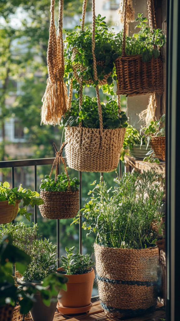 Boho-Balkon mit Pflanzen in Hängeampeln, Kräutern und Körben, liebevoll dekoriert