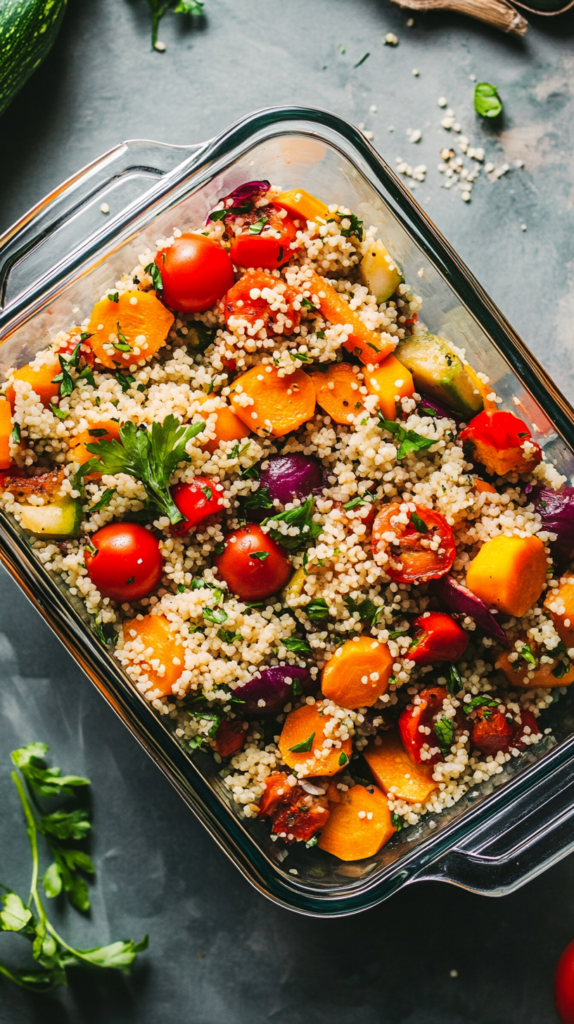 Gläserne Lunchbox mit Couscous-Bowl, buntem Gemüse und Kräutern