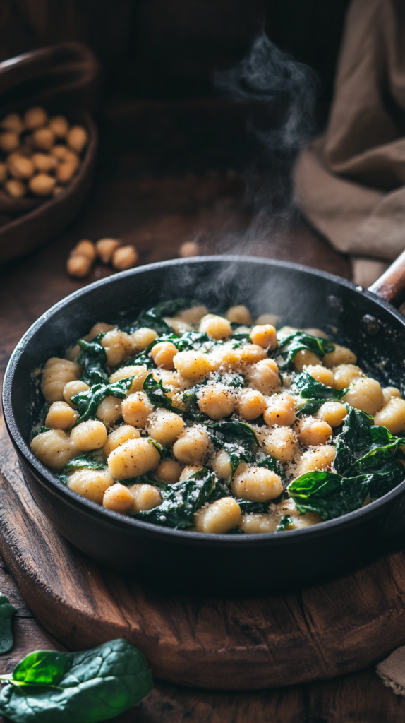 Cremiges One Pot Gnocchi mit Spinat und Kichererbsen in einer weißen Keramikpfanne auf Holztisch