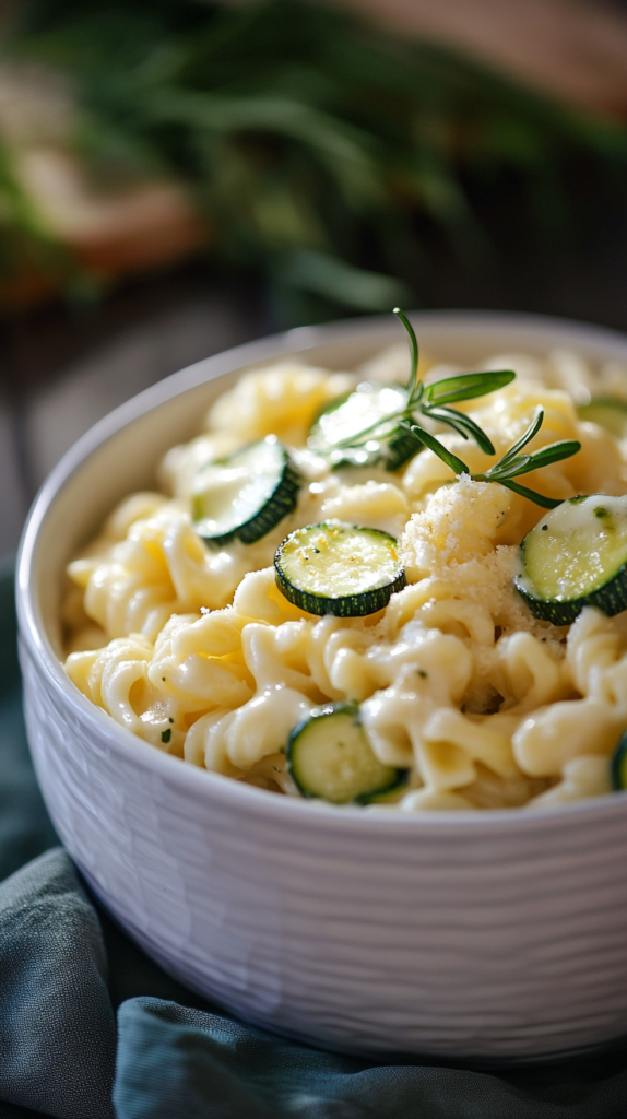 Pasta mit Zucchini & Frischkäse in heller Schale, kinderfreundlich angerichtet