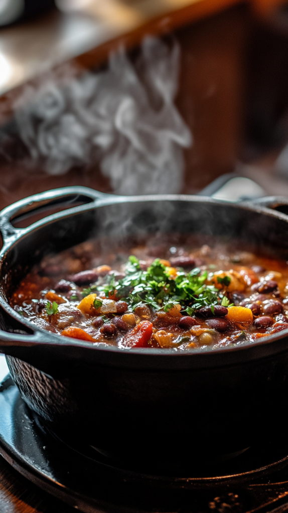 One Pot Chili mit Gemüse und Bohnen in einem rustikalen Topf