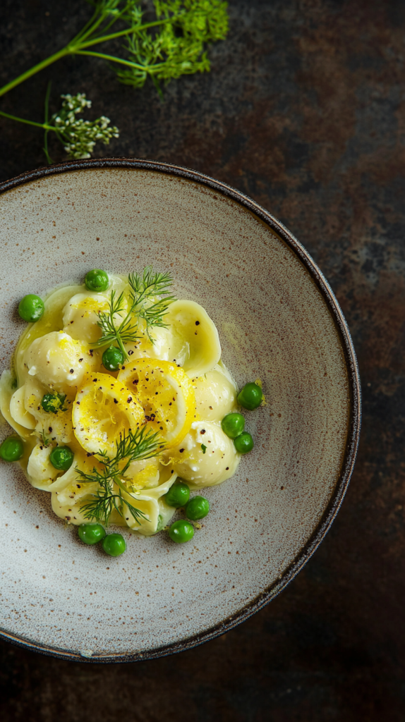 Zitronen-Ricotta-Pasta mit Erbsen auf Teller angerichtet
