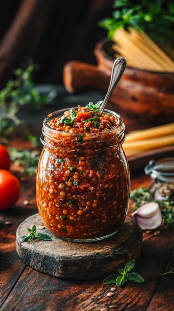 Einmachglas mit Linsen-Bolognese, daneben Holzlöffel und Kräuter