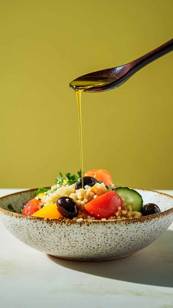Couscous mit Oliven, Tomaten & Kräutern in mediterraner Schale