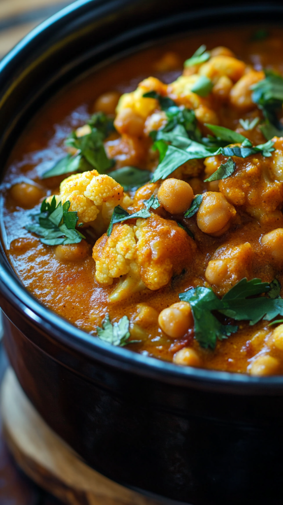 Veganes Blumenkohl-Kichererbsen-Curry in einem dunklen Topf mit Kräutern