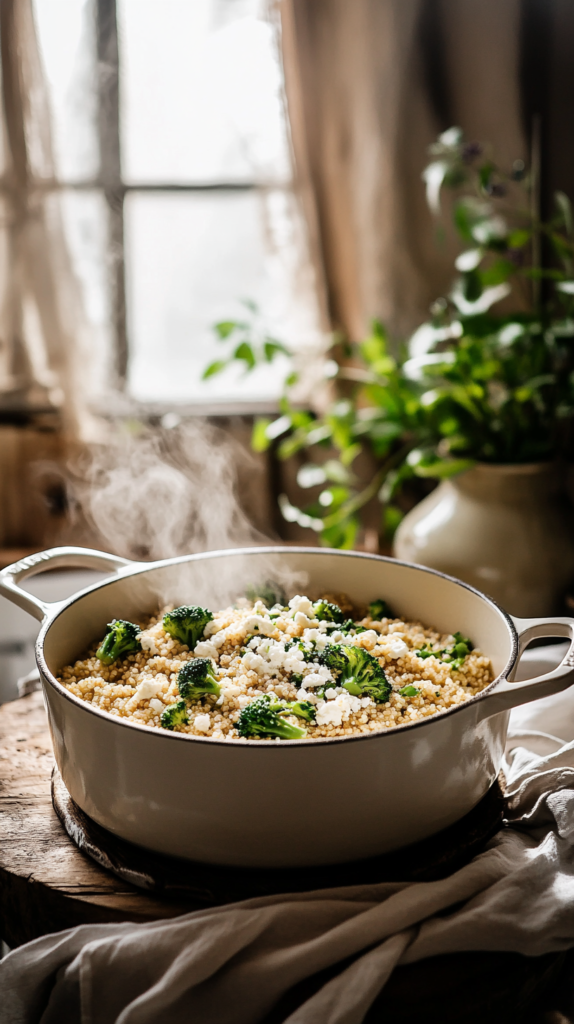 Quinoa mit Brokkoli und Feta in einem weißen Gusseisentopf