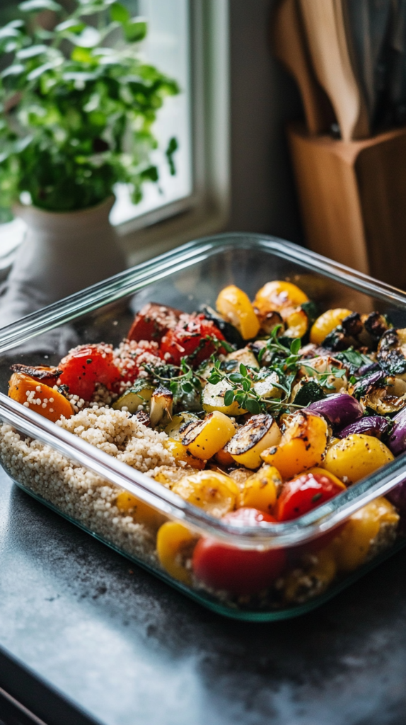 Ofengemüse auf Hirsebett in Meal-Prep-Box, daneben Dip in Glas