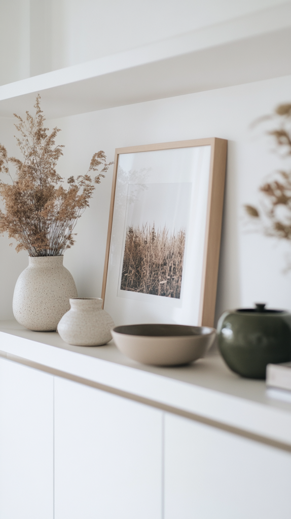 : IKEA LACK-Wandregal mit minimalistisch arrangierter Deko in Beige und Naturtönen