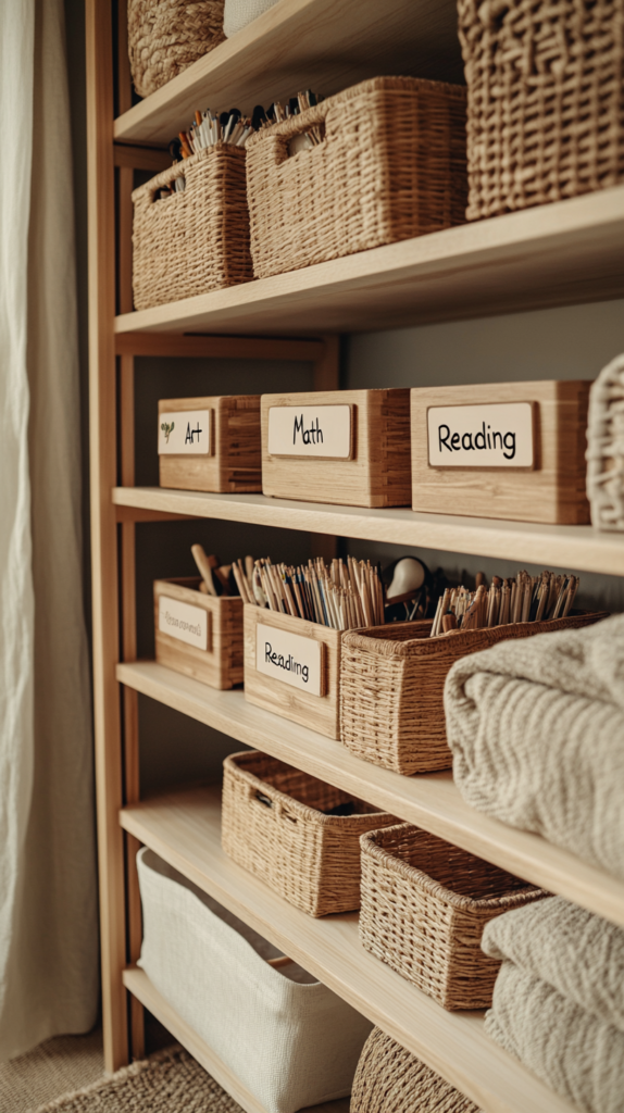 Offenes Kinderregal mit Themenkörben aus Naturmaterialien, beschriftet mit Symbolkarten, stilvoll im Homeschool-Zimmer integriert