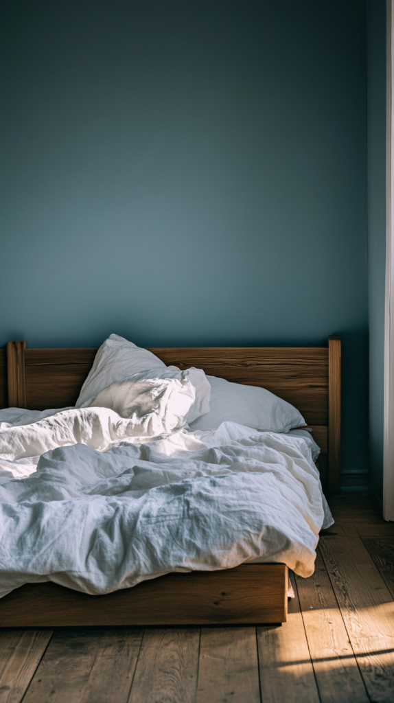 Schlafzimmer in Rauchblau mit weißen Textilien und Eichenboden