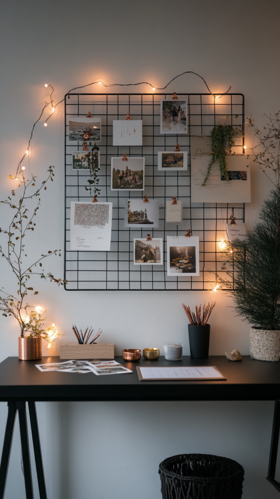 Schwarzes Metallgitter an weißer Wand, bestückt mit Fotos, Postkarten & Lichterkette