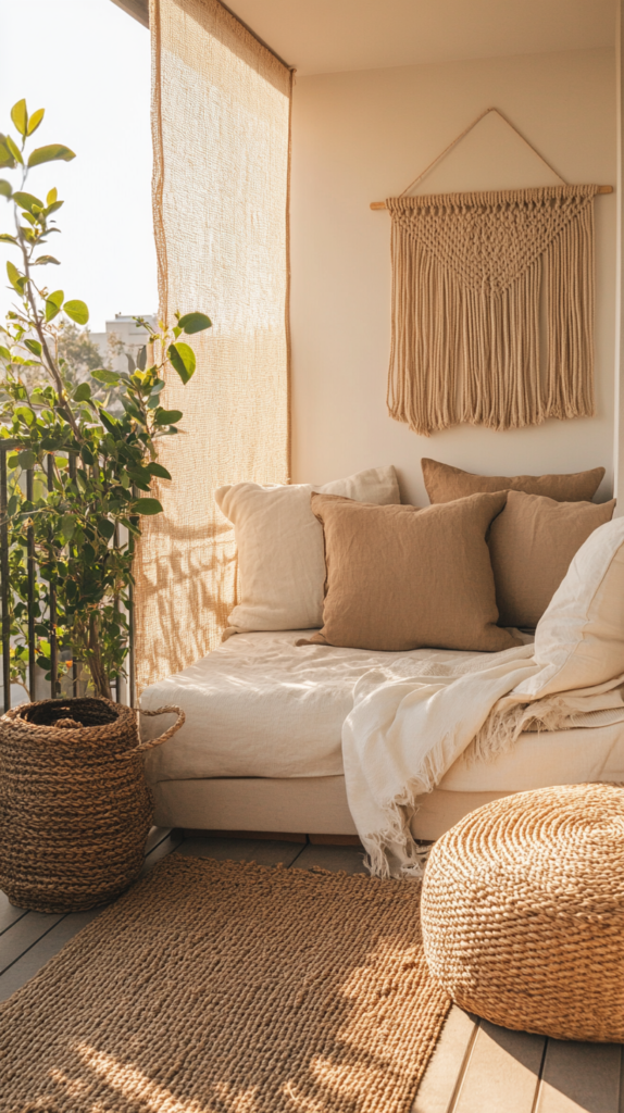 Texturreicher Balkon mit Jute-Teppich, Körben, Pflanzen und Makramee-Wandbehang