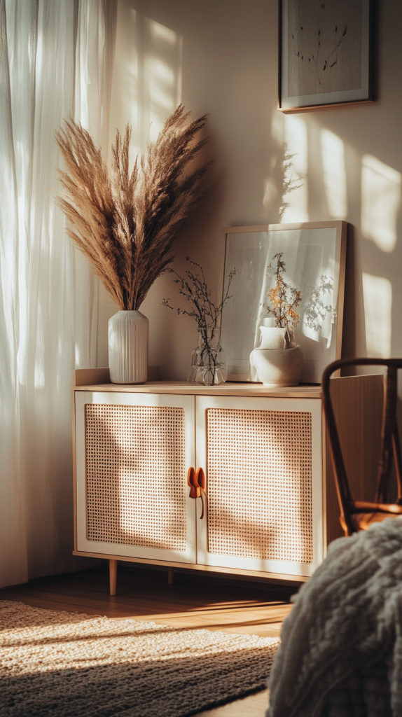 Kallax-Regal mit Rattan-Türen als geschlossenes Sideboard im Wohnzimmer