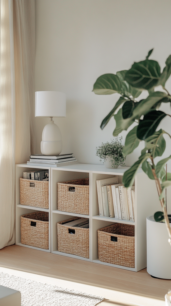 Raumtrenner aus IKEA-Kallax-Regal mit Boxen und stilvoller Deko im Wohnzimmer