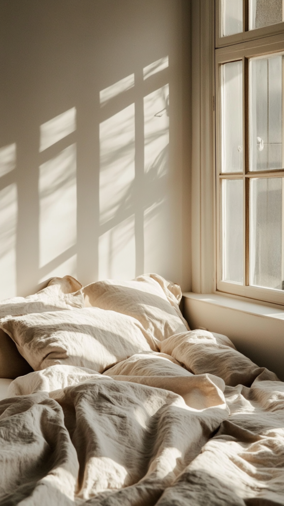 : Schlafzimmer mit salbeigrüner Wand, helles Bett, Naturdekoration und Pflanzen