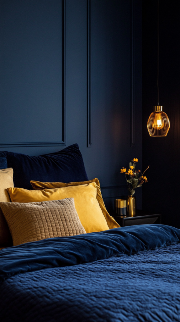 Schlafzimmer mit nachtblauer Wand und goldener Leselampe