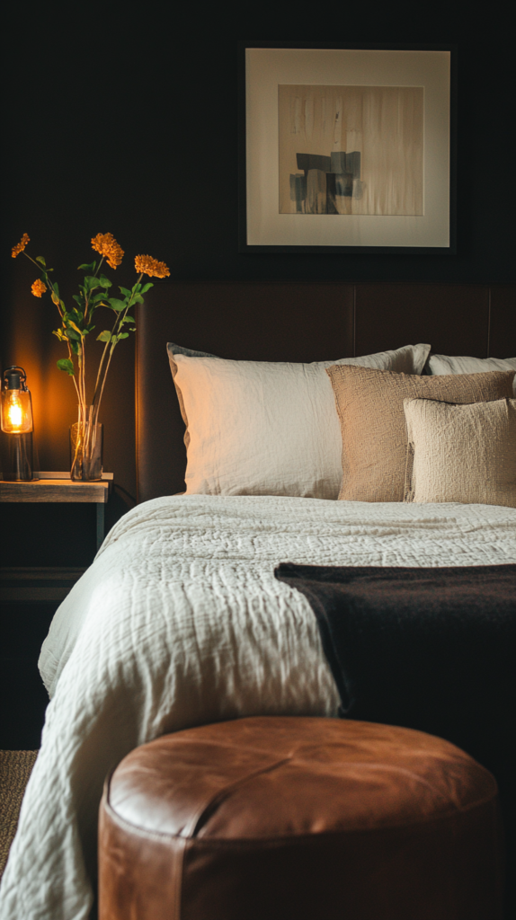 Schlafzimmer in Mokkaton mit Lederhocker und Ecru-Bettwäsche