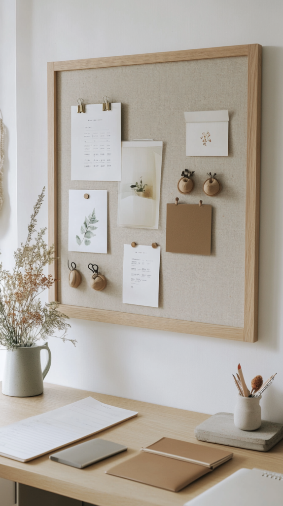 Magnet-Pinboard mit Holzrahmen, selbst gemachten Magneten & Karten im Boho-Stil