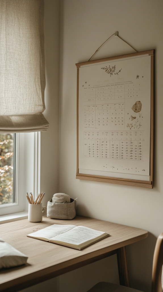 Kinderzimmerwand mit Lernpostern und Kalender-Elementen, ruhig und strukturiert gestaltet