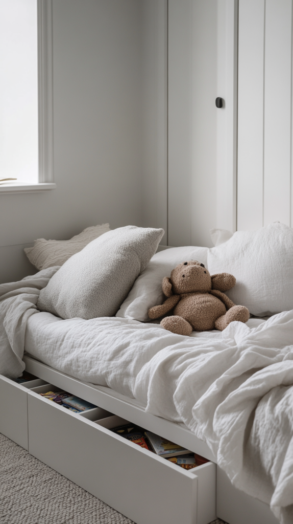 Kinderbett mit großen Unterbett-Schubladen, Spielsachen ordentlich einsortiert in Stoffboxen