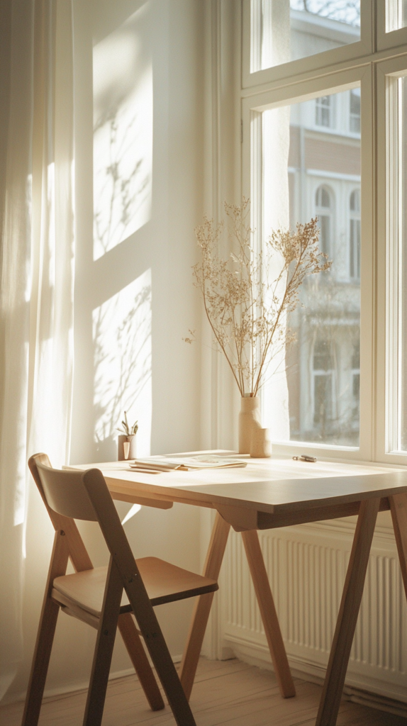 Aufgeräumter Kinder-Schreibtisch mit Holzstuhl, direkt am Fenster mit Tageslicht