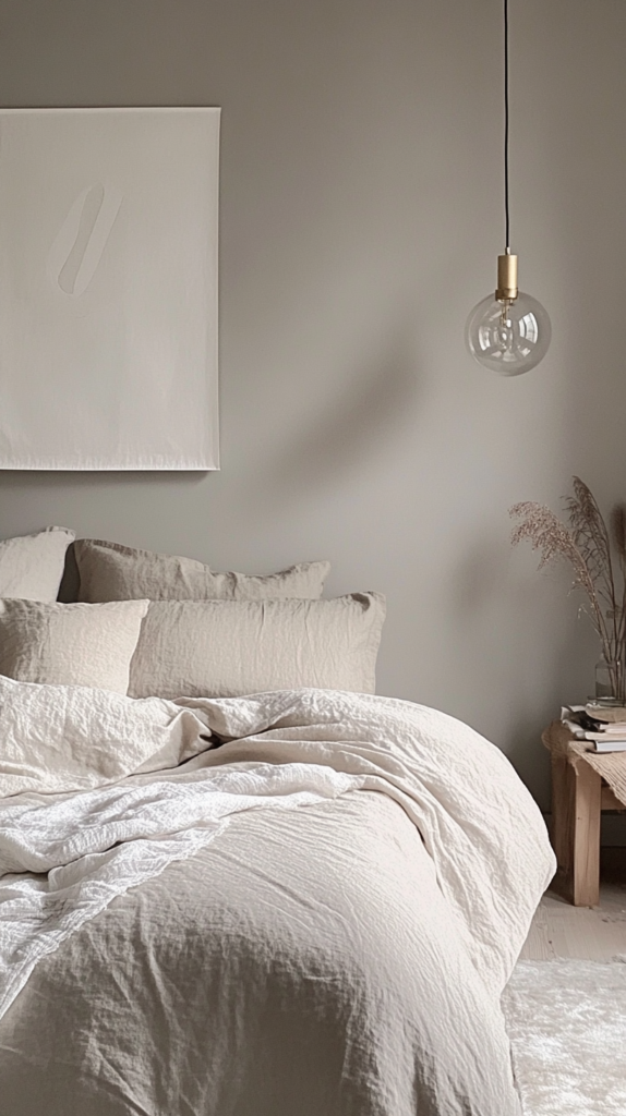 Greige Schlafzimmer mit Leinenbettwäsche, schwarzem Bilderrahmen und goldener Lampe