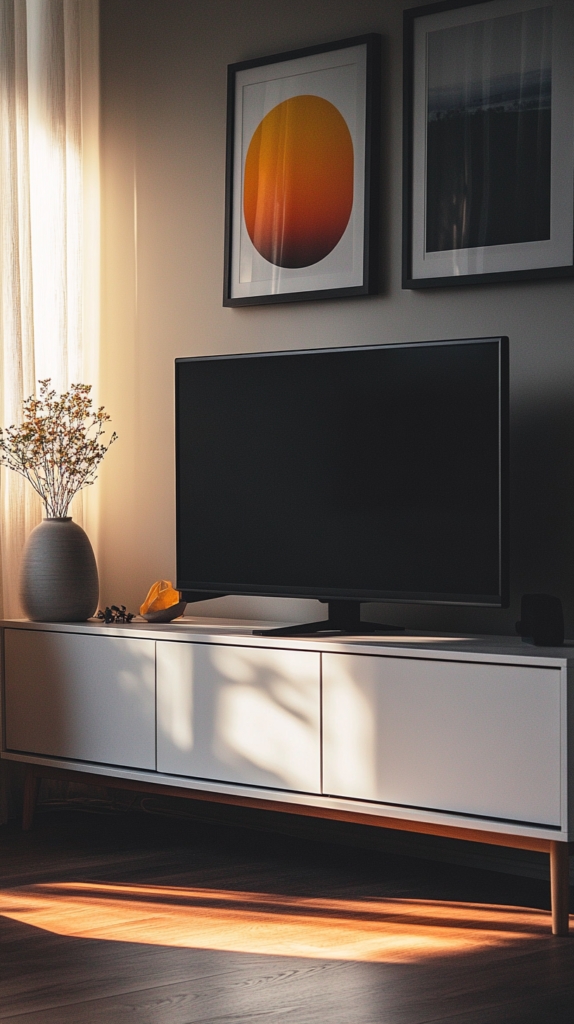 Weißer IKEA-Besta-Schrank unter dem Fernseher mit geschlossener, glatter Front und Deko