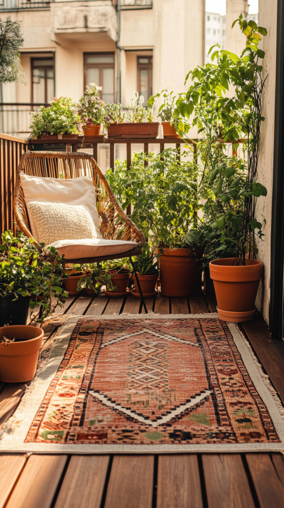 Palettenbank auf Balkon mit Makramee-Kissen und Decken in Erdtönen