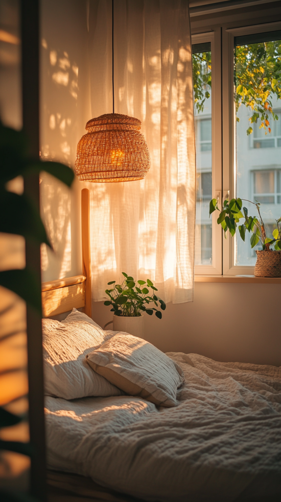 Kleine Wohnung mit hellem Tageslicht und verschiedenen Lichtquellen für wohnliche Atmosphäre.