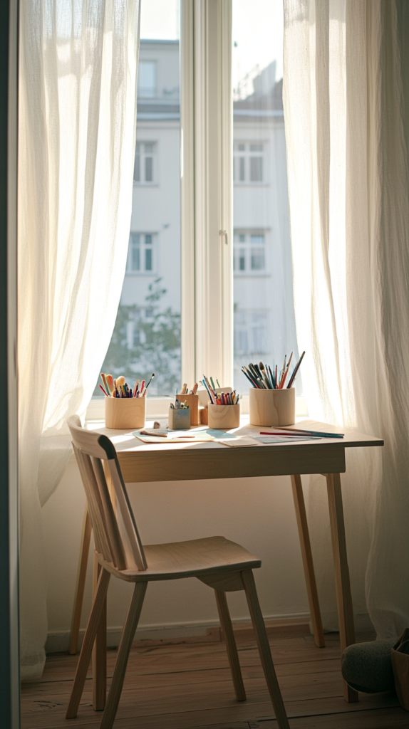 Schmaler Kinderschreibtisch vor Fenster mit Mal-Utensilien und höhenverstellbarem Stuhl