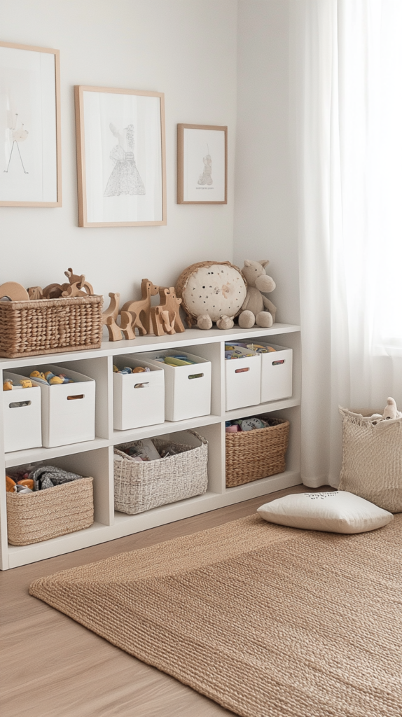 Trofast-Regal mit weißen Boxen und Holzplatte als Spielecke im Wohnzimmer