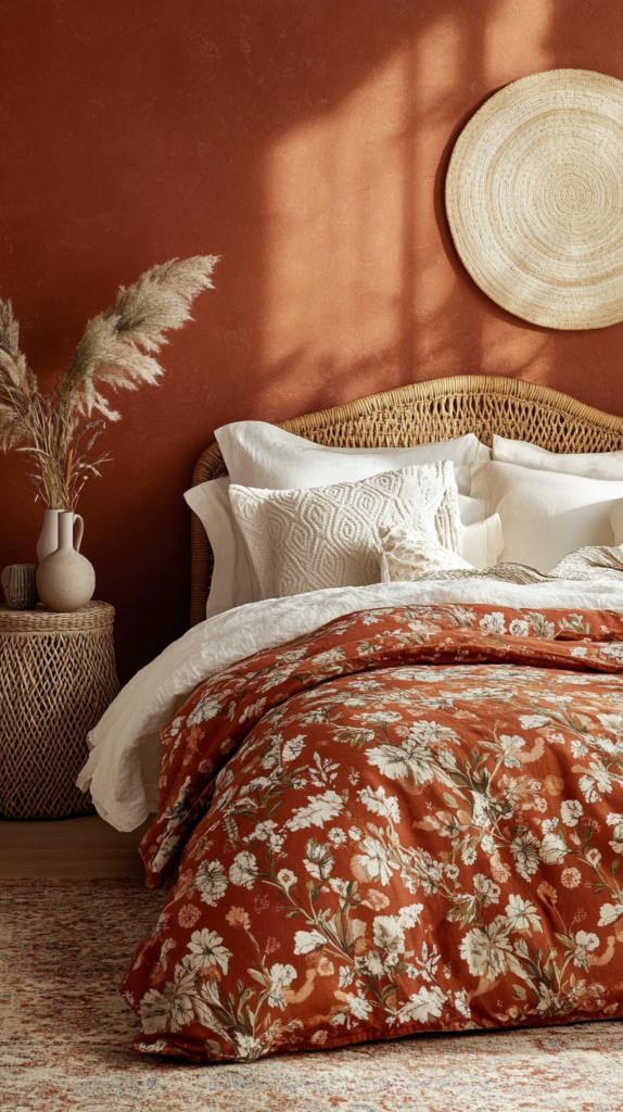 erracotta-Wand im Schlafzimmer mit Naturtextilien und Rattandetails