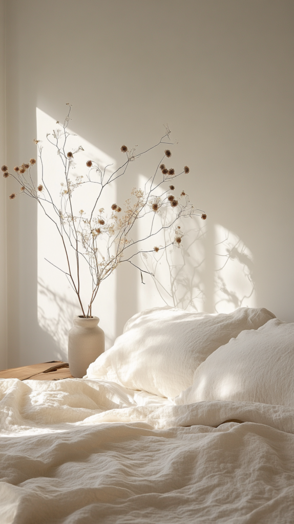 Schlafzimmer mit warmweißer Wand, minimalistisches Bett, Naturmaterialien und weiches Licht