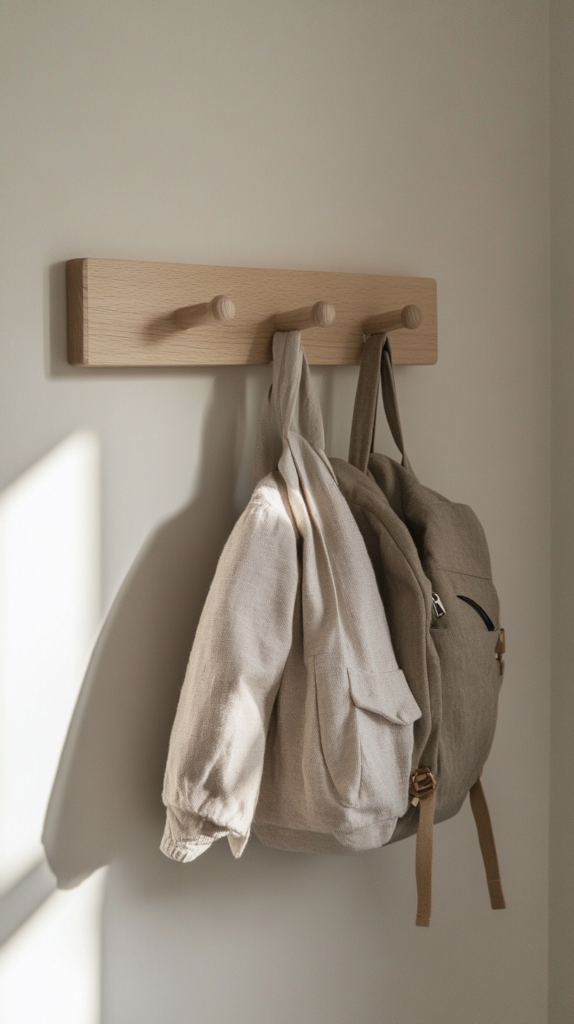 Kinderfreundliche Holzhakenleiste mit kleiner Tasche und Lieblingsjacke in kindgerechter Höhe