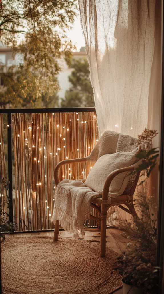 Boho-Balkon mit Sichtschutz aus Leinenstoff, Bambus und Lichterkette