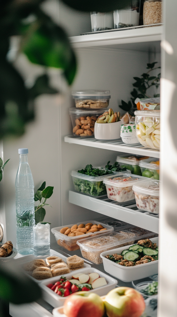 Unterste Kühlschrankebene mit Snacks für Kinder in kleinen Boxen, beschriftet und gut erreichbar