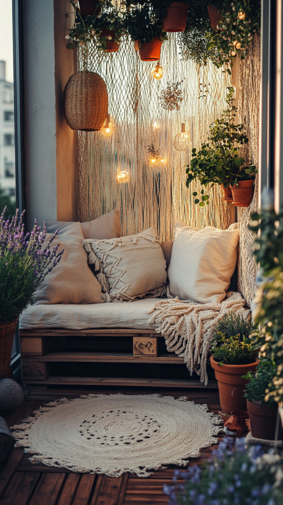 Kleiner Balkon mit Holzfliesen & Boho-Teppich, darauf Pflanzen & Laternen