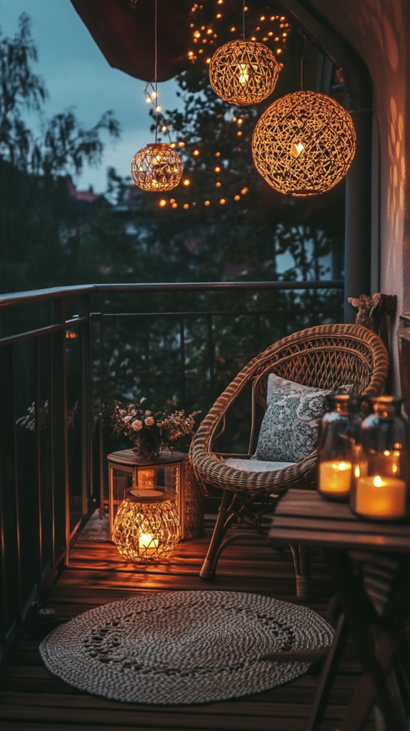 Balkon bei Dämmerung mit vielen kleinen Lichtern & Teelichtern