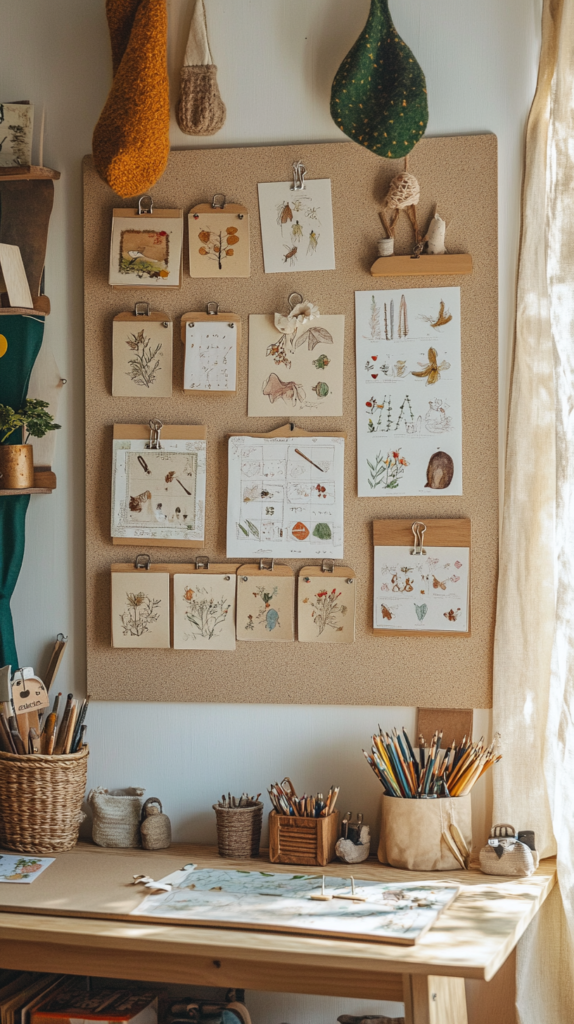 Kinder-Moodboard mit Zeichnungen, Affirmationen, kleinen Clips und Deko im natürlichen Stil