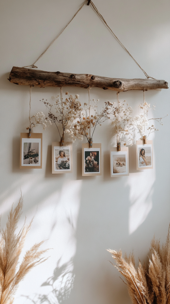 Wandhängende DIY-Pinwand aus Holzstab mit Schnüren & kleinen Klammern für Bilder