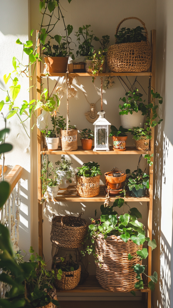 Boho-Regal auf kleinem Balkon mit Deko, Pflanzen und geflochtenen Körben